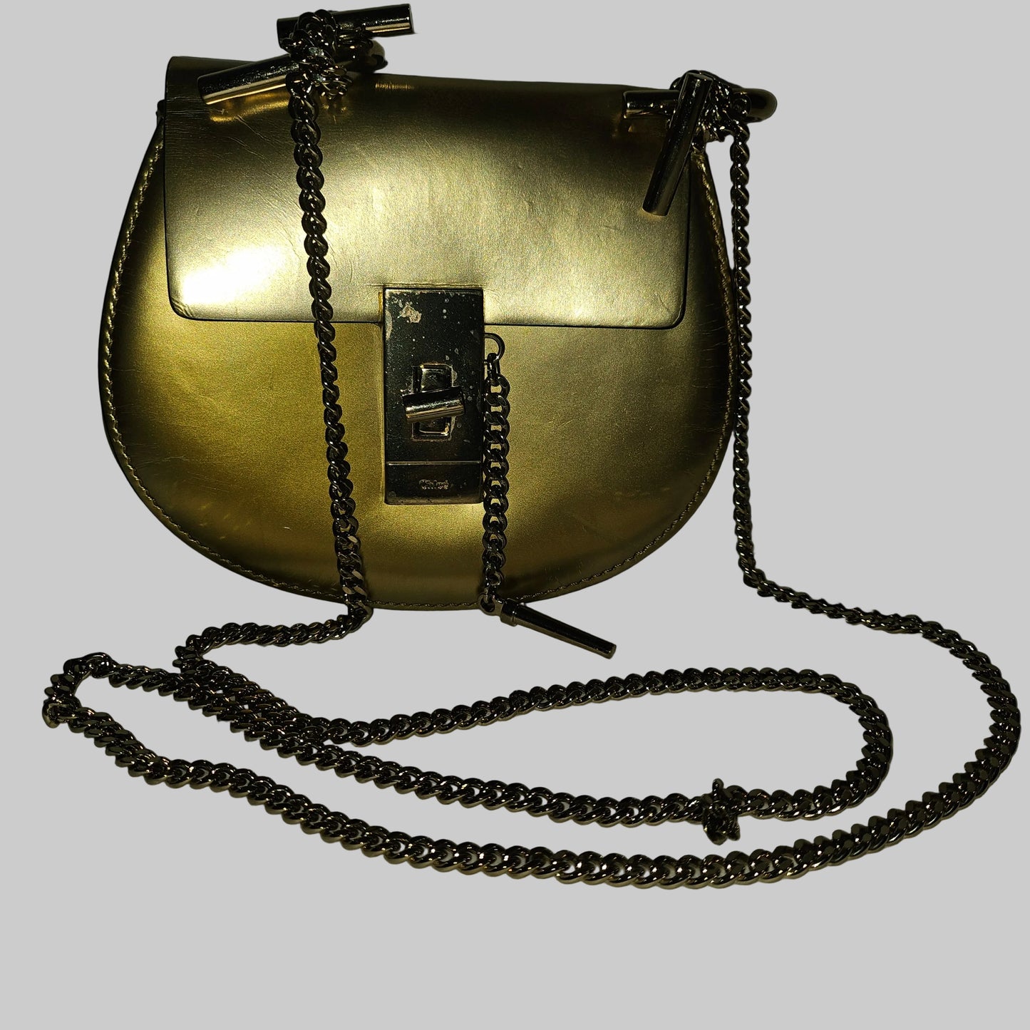 Chloe gold leather Drew style cross body with a gold chain strap