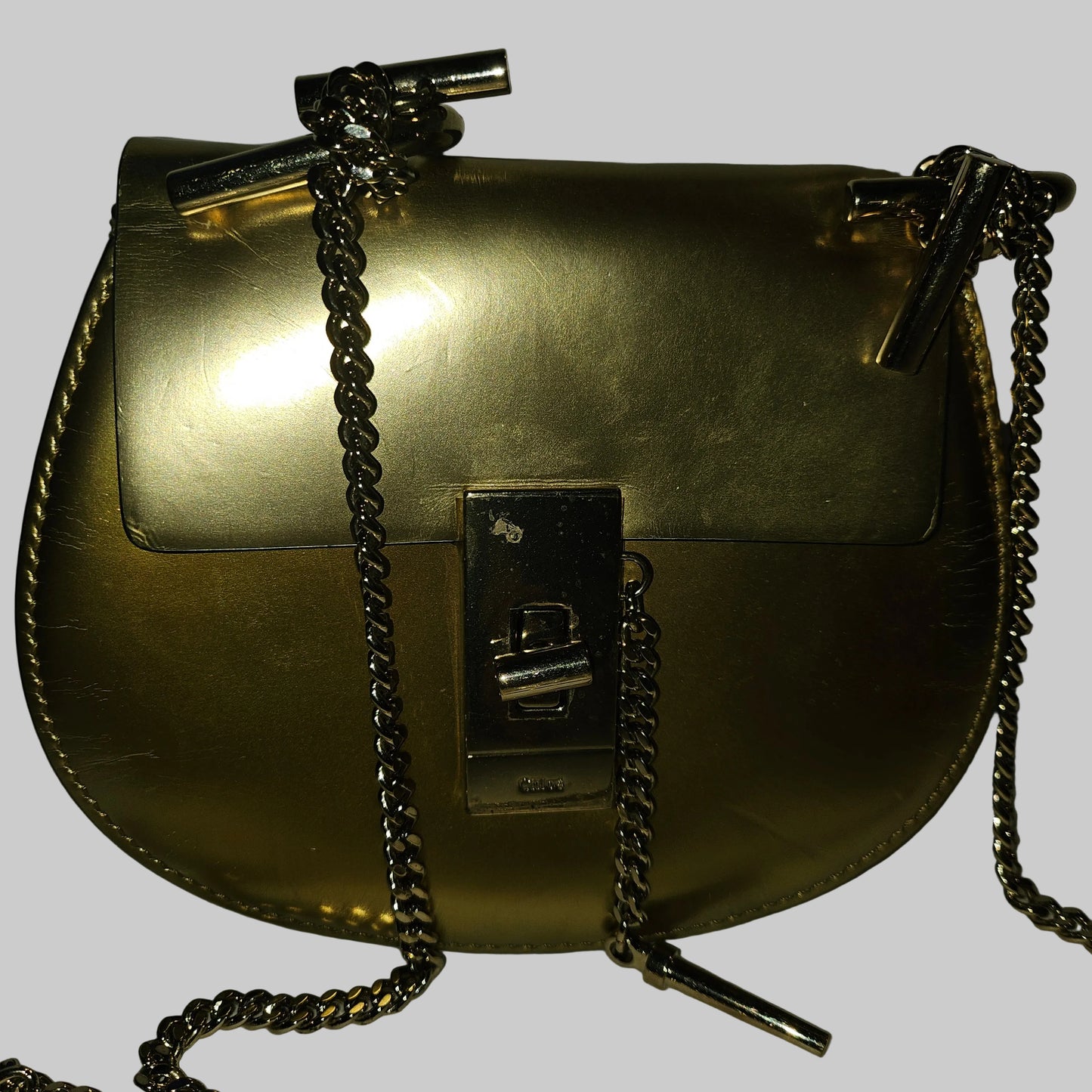 Chloe gold leather Drew style cross body with a gold chain strap