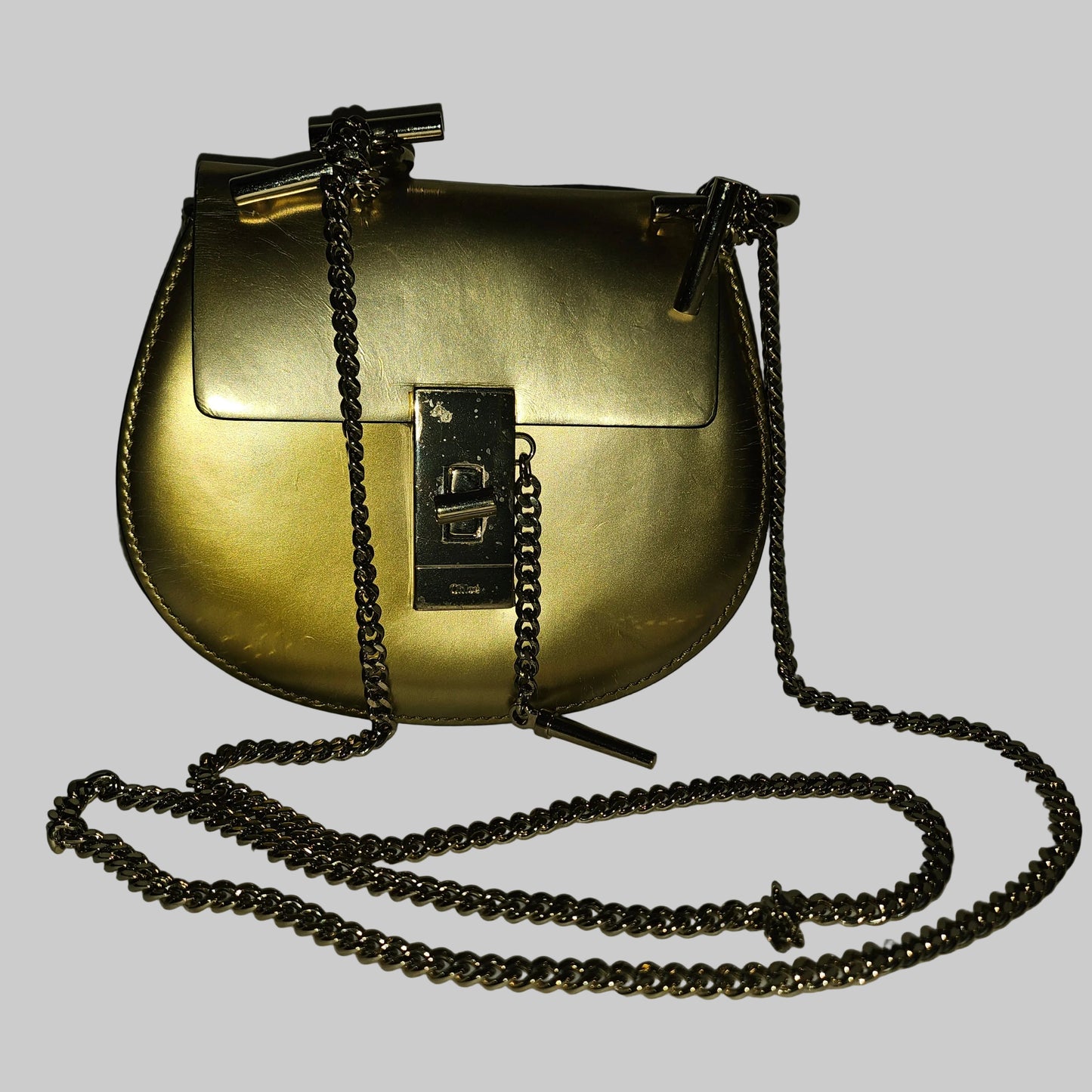 Chloe gold leather Drew style cross body with a gold chain strap