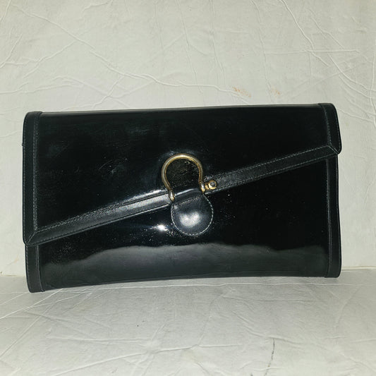 Gucci black patent leather XL asymmetrical envelope top clutch with a gold equestrian accent