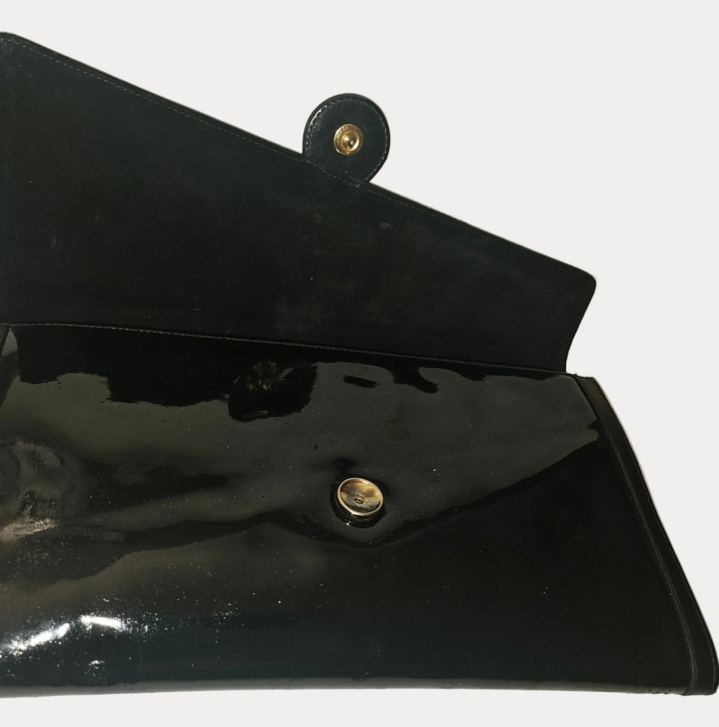 Gucci black patent leather XL asymmetrical envelope top clutch with a gold equestrian accent