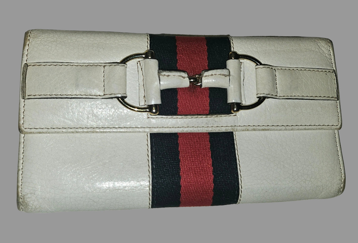 Gucci white leather horse-bit 1955 XL continental wallet w red & blue stripe