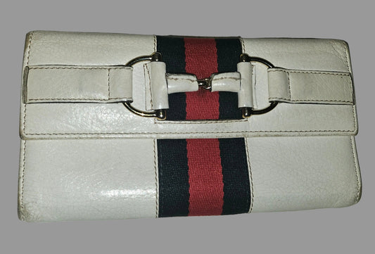 Gucci white leather horse-bit 1955 XL continental wallet w red & blue stripe