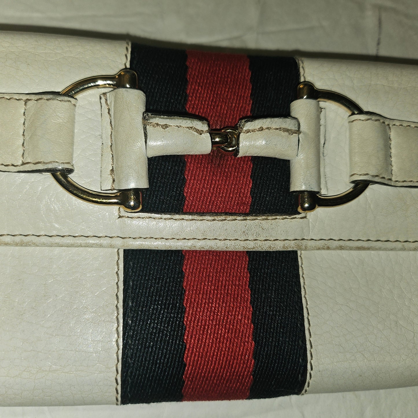 Gucci white leather horse-bit 1955 XL continental wallet w red & blue stripe