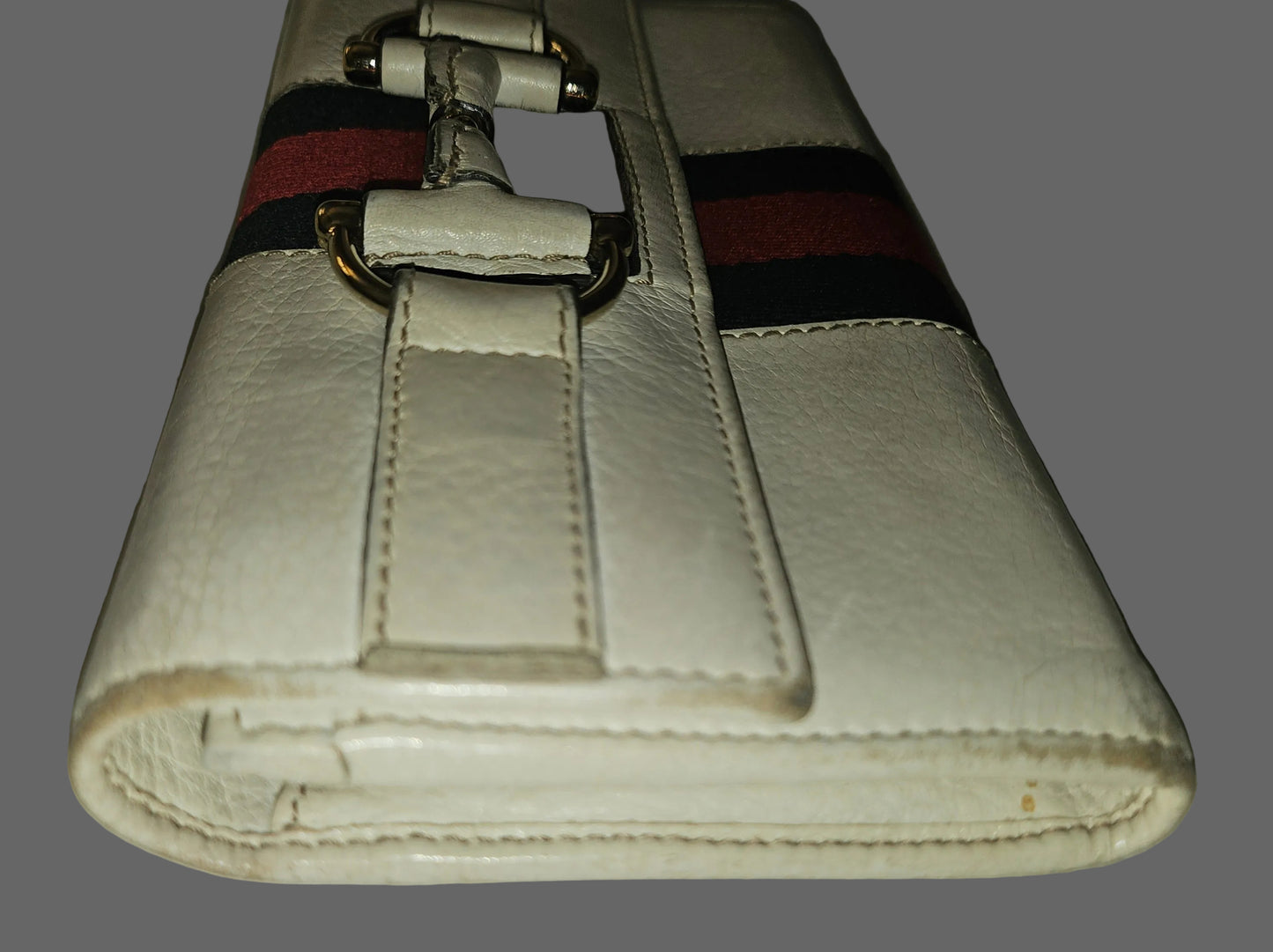 Gucci white leather horse-bit 1955 XL continental wallet w red & blue stripe
