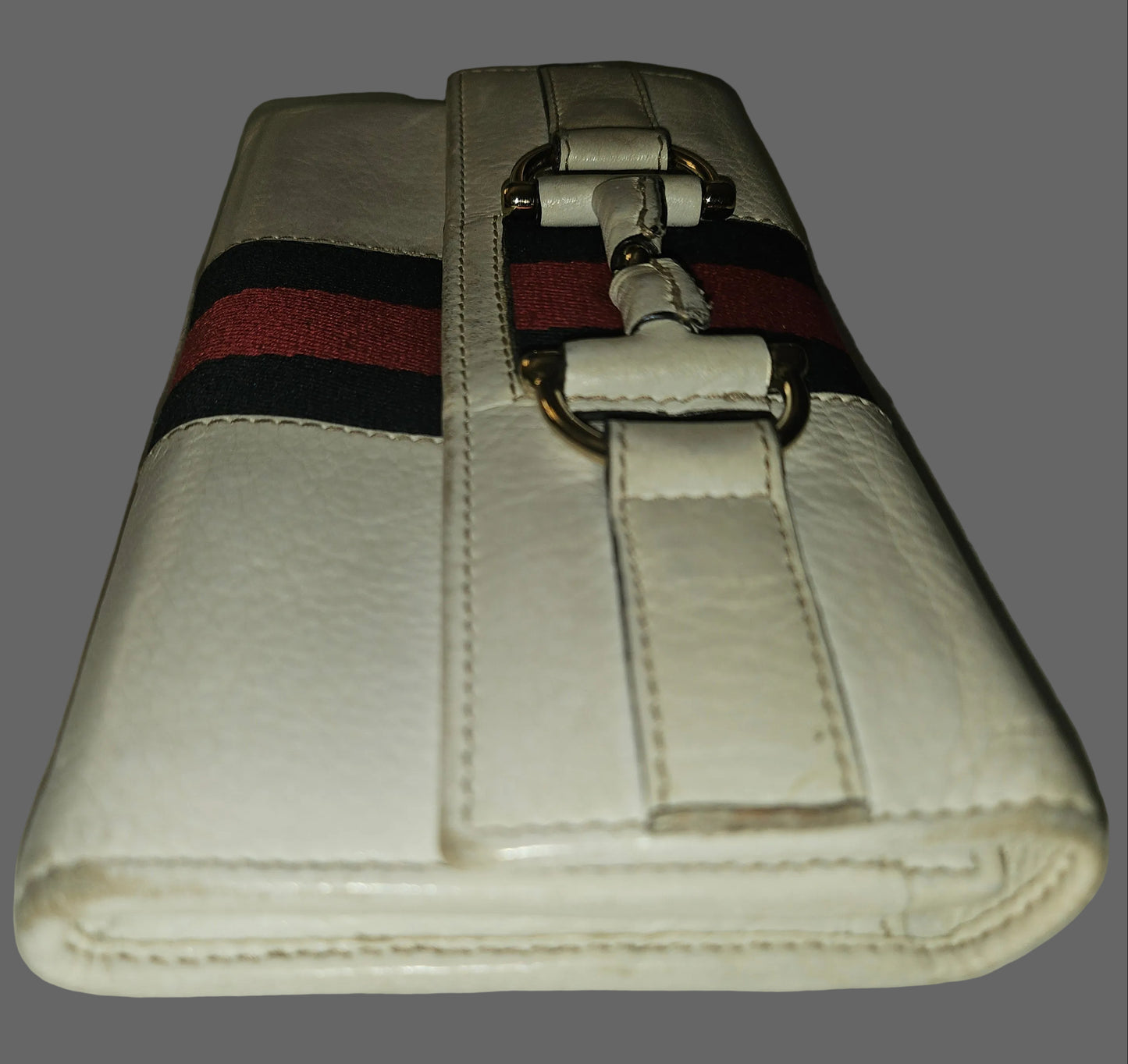 Gucci white leather horse-bit 1955 XL continental wallet w red & blue stripe