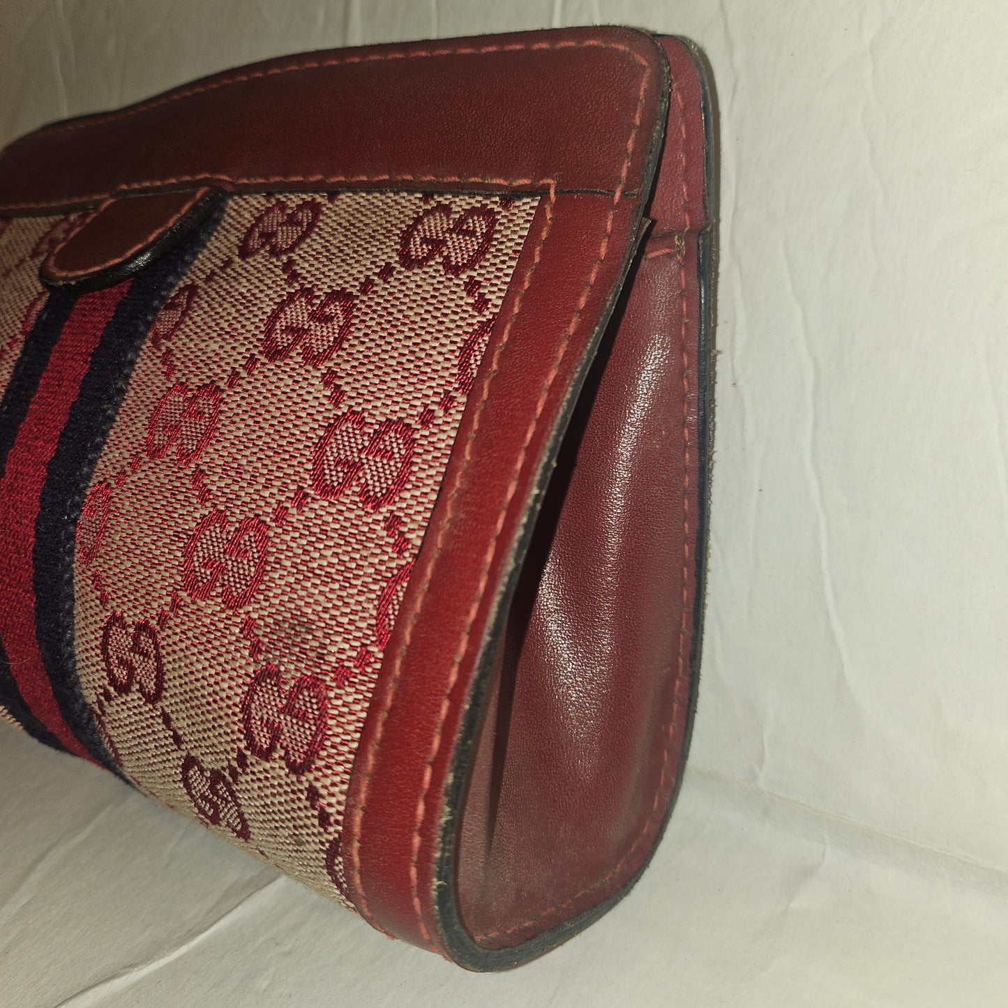 Gucci red Guccissima print & red leather clutch w Sherry stripe