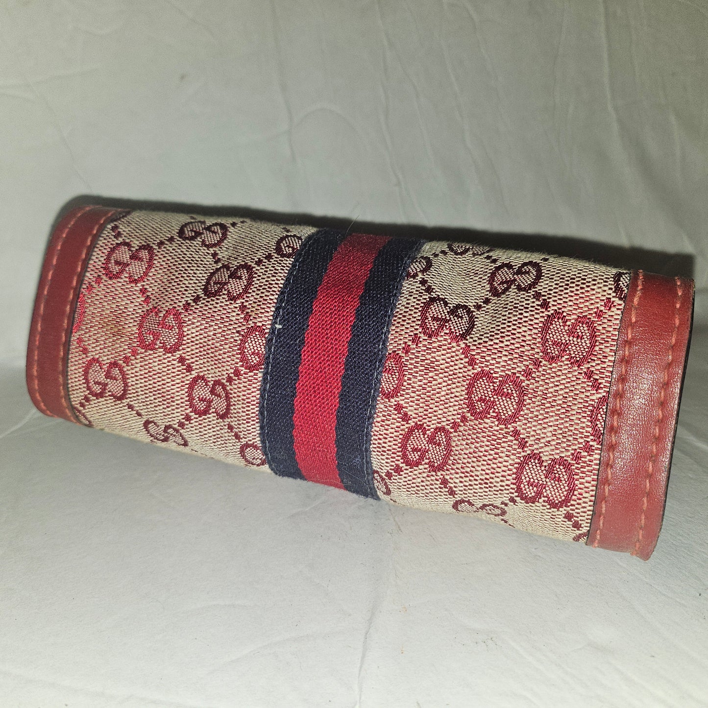Gucci red Guccissima print & red leather clutch w Sherry stripe