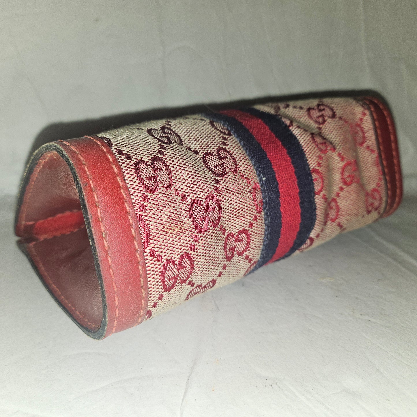 Gucci red Guccissima print & red leather clutch w Sherry stripe