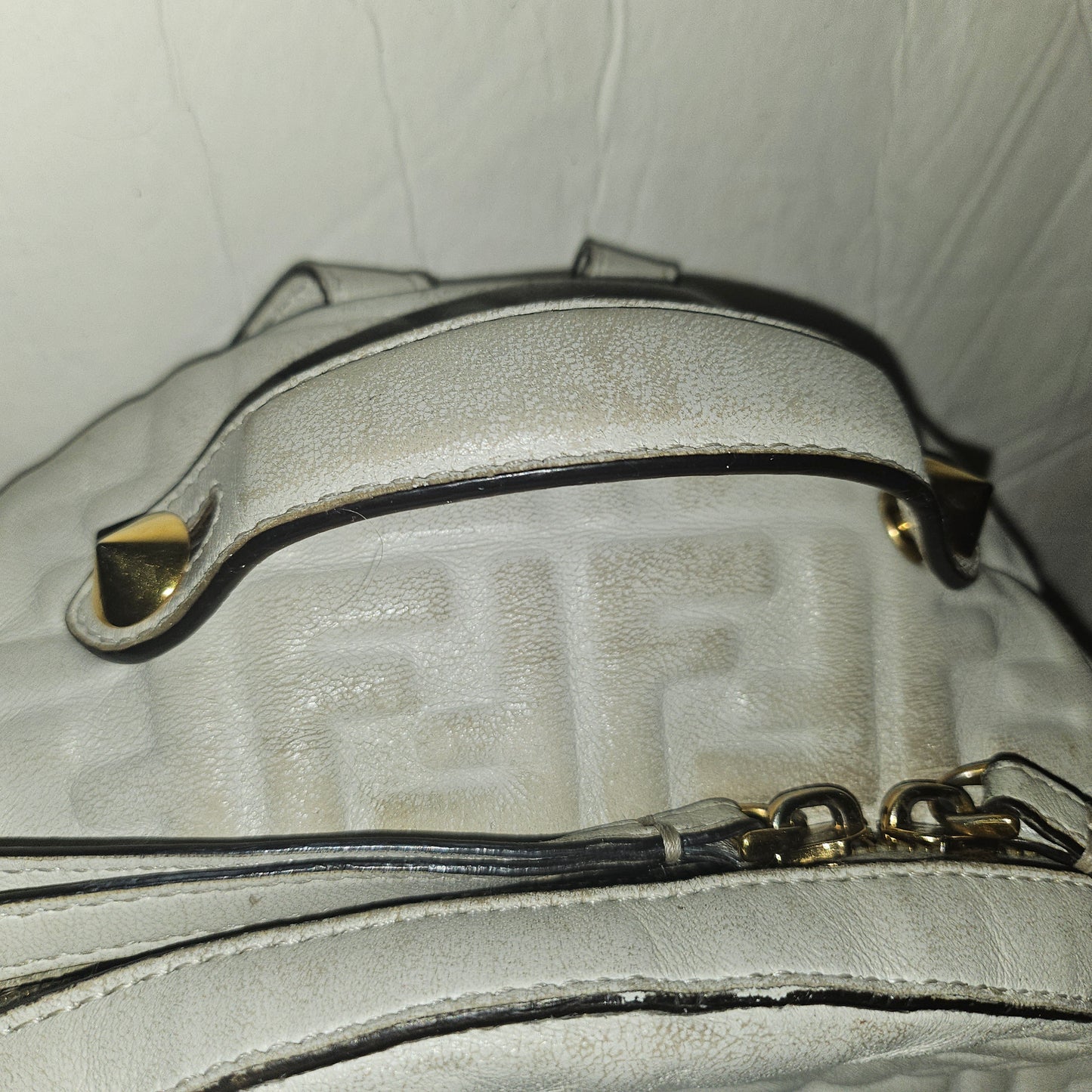 Fendi Zucca print white nappa leather Zaino mini backpack with gold hardware