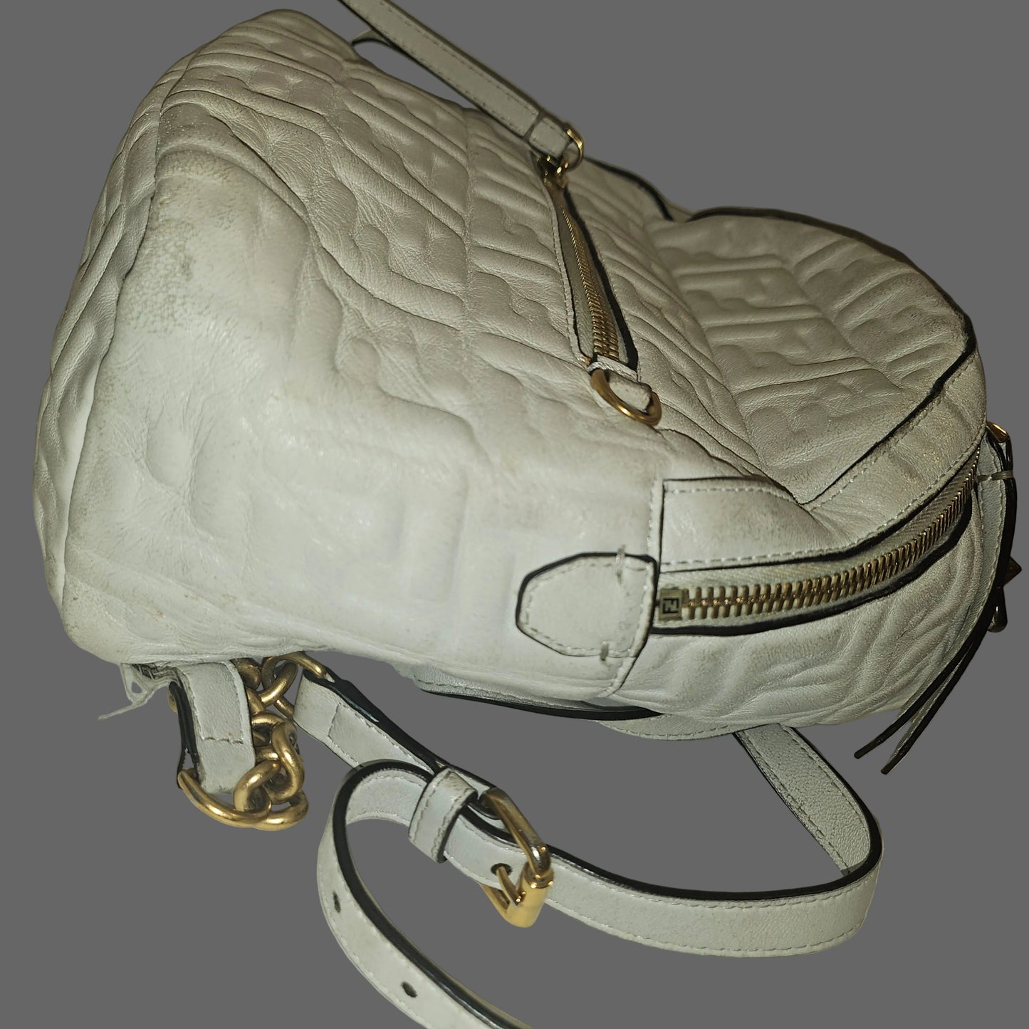 Fendi Zucca print white nappa leather Zaino mini backpack with gold hardware