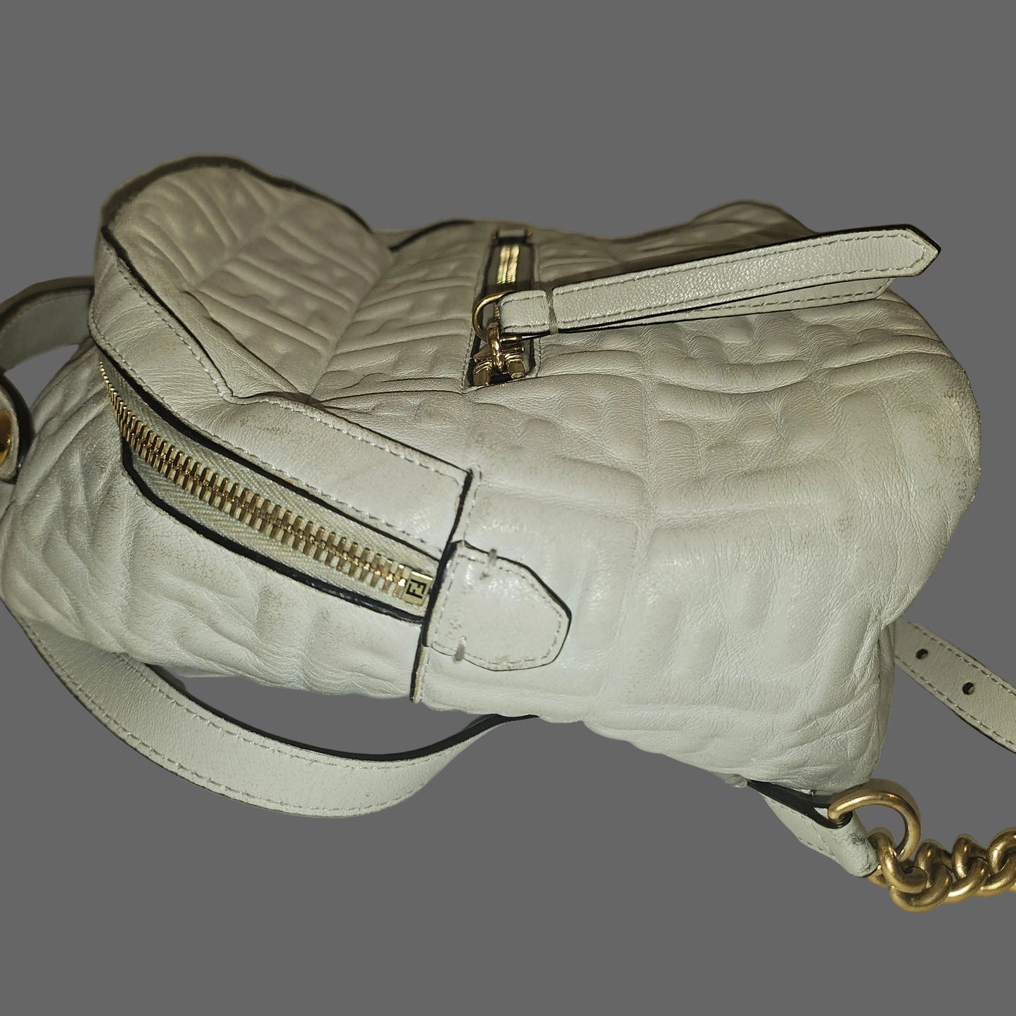 Fendi Zucca print white nappa leather Zaino mini backpack with gold hardware