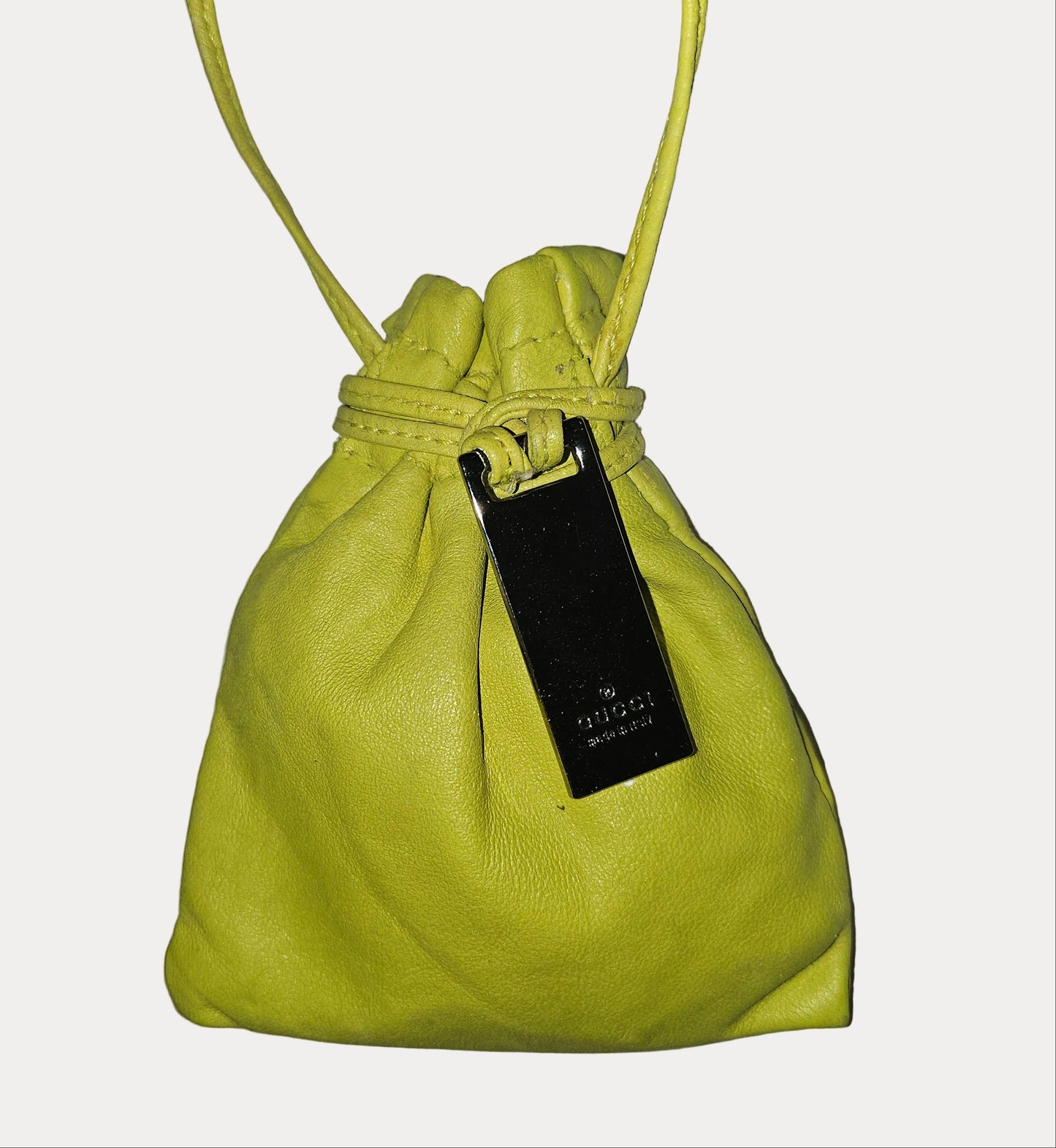 Gucci Tom Ford era yellow leather drawstring top pouch w silver Gucci dog tag