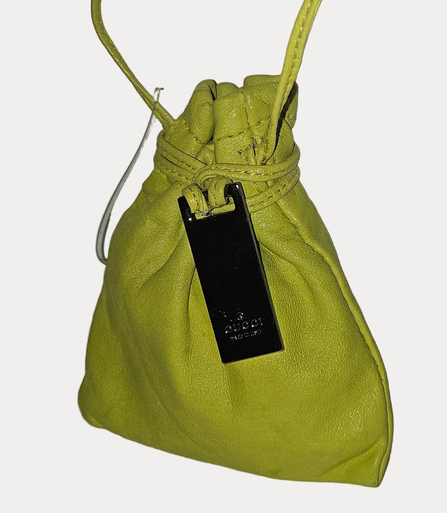 Gucci Tom Ford era yellow leather drawstring top pouch w silver Gucci dog tag