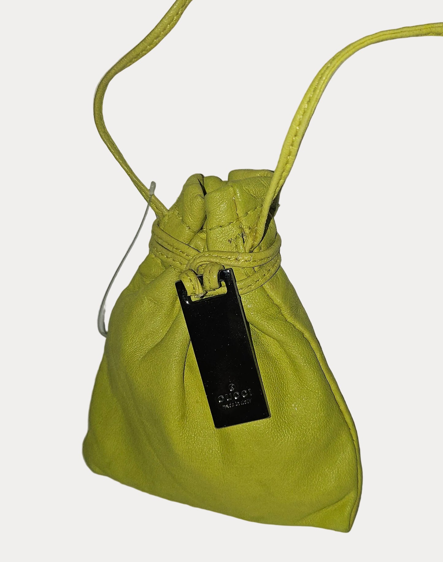 Gucci Tom Ford era yellow leather drawstring top pouch w silver Gucci dog tag