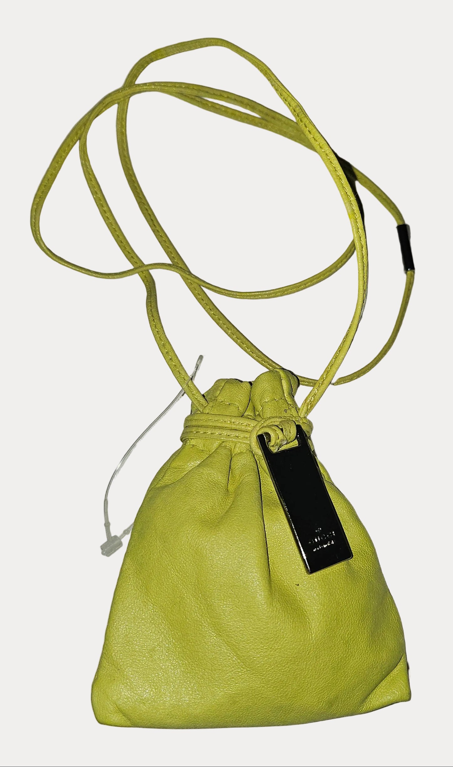 Gucci Tom Ford era yellow leather drawstring top pouch w silver Gucci dog tag
