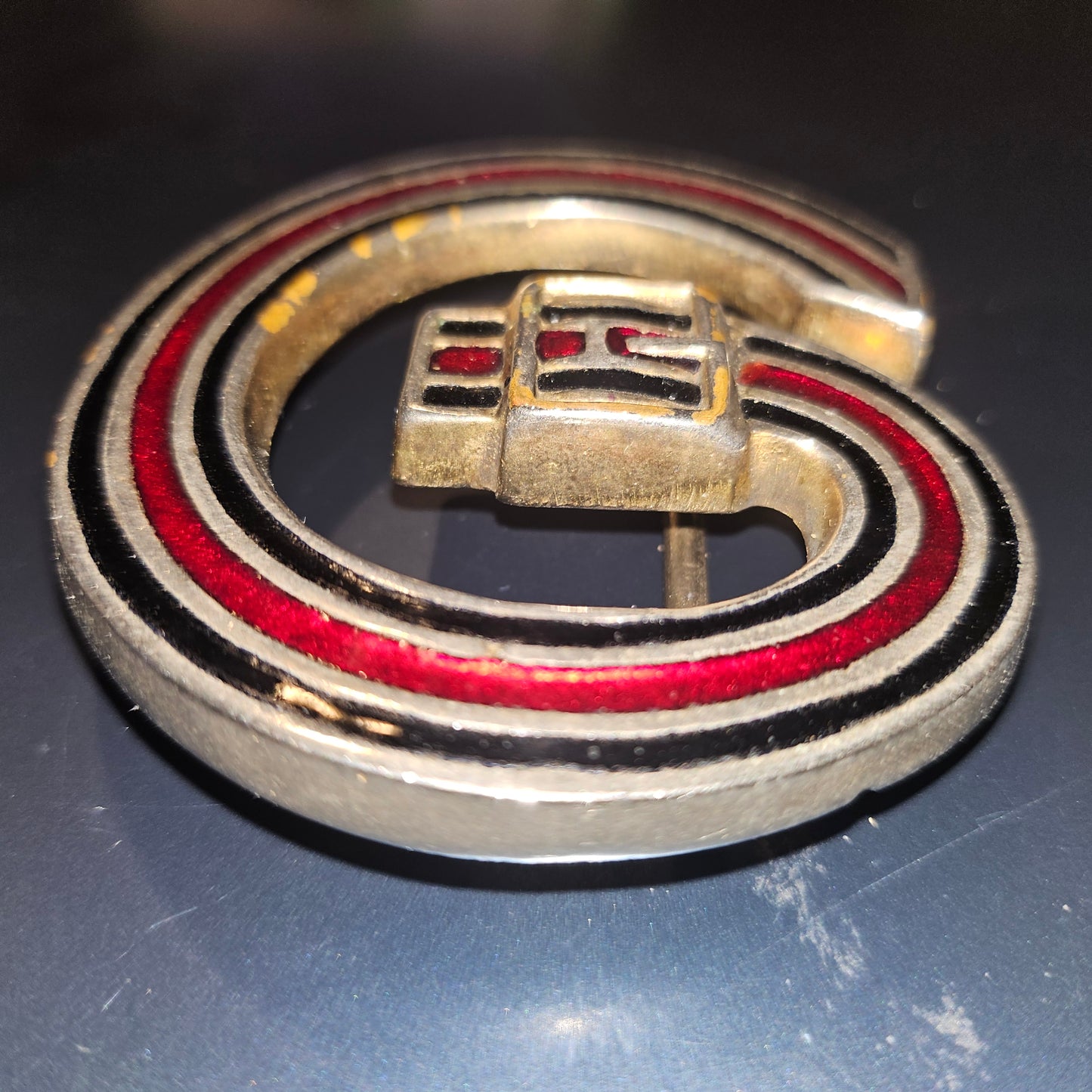 Gucci enamel belt buckle of a blue green & red belt in a large G