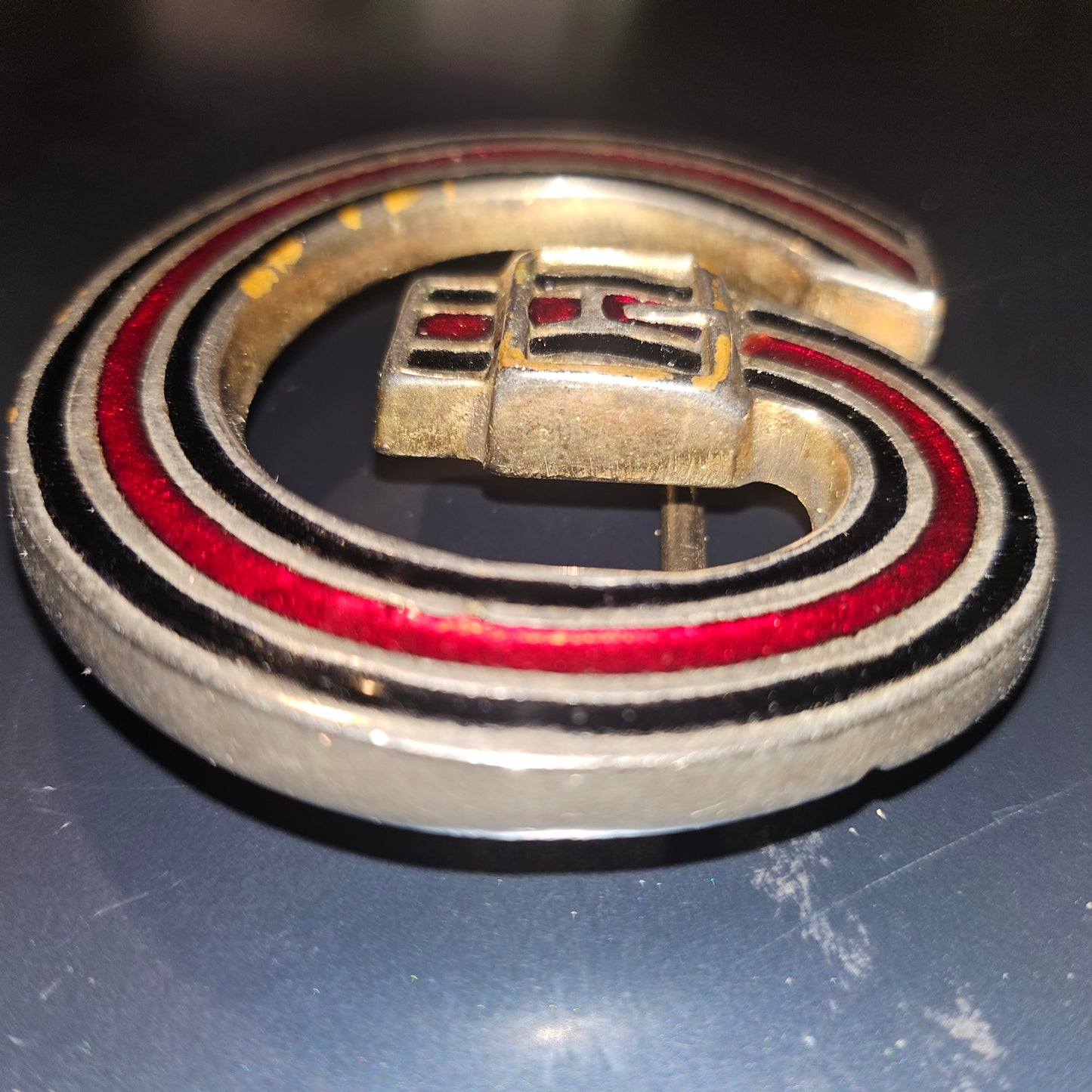 Gucci enamel belt buckle of a blue green & red belt in a large G