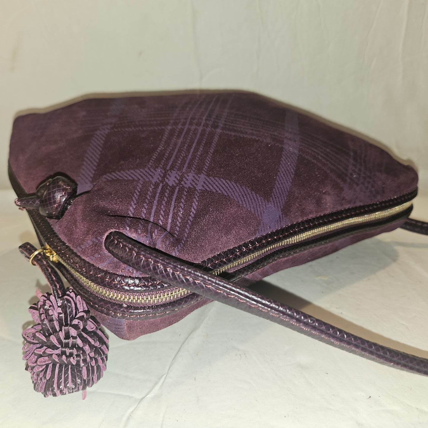 Bottega Veneta purple & blue suede Nodini style purse in a graphic design