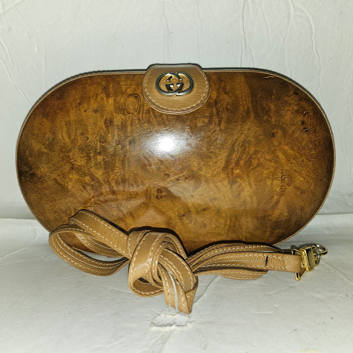 Gucci brown marbled leather oval shaped hard & boxy two-way purse