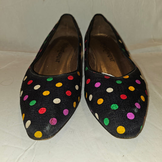 Yves Saint Laurent navy flats with multicolored polka dots