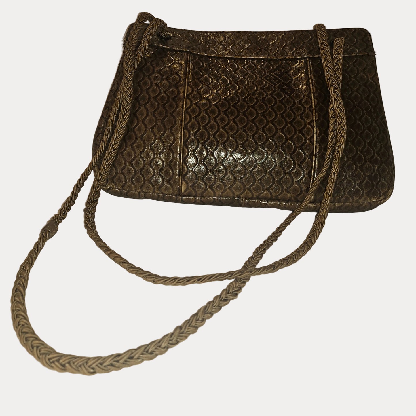 Fendi brown tooled leather pouch purse with adjustable strap