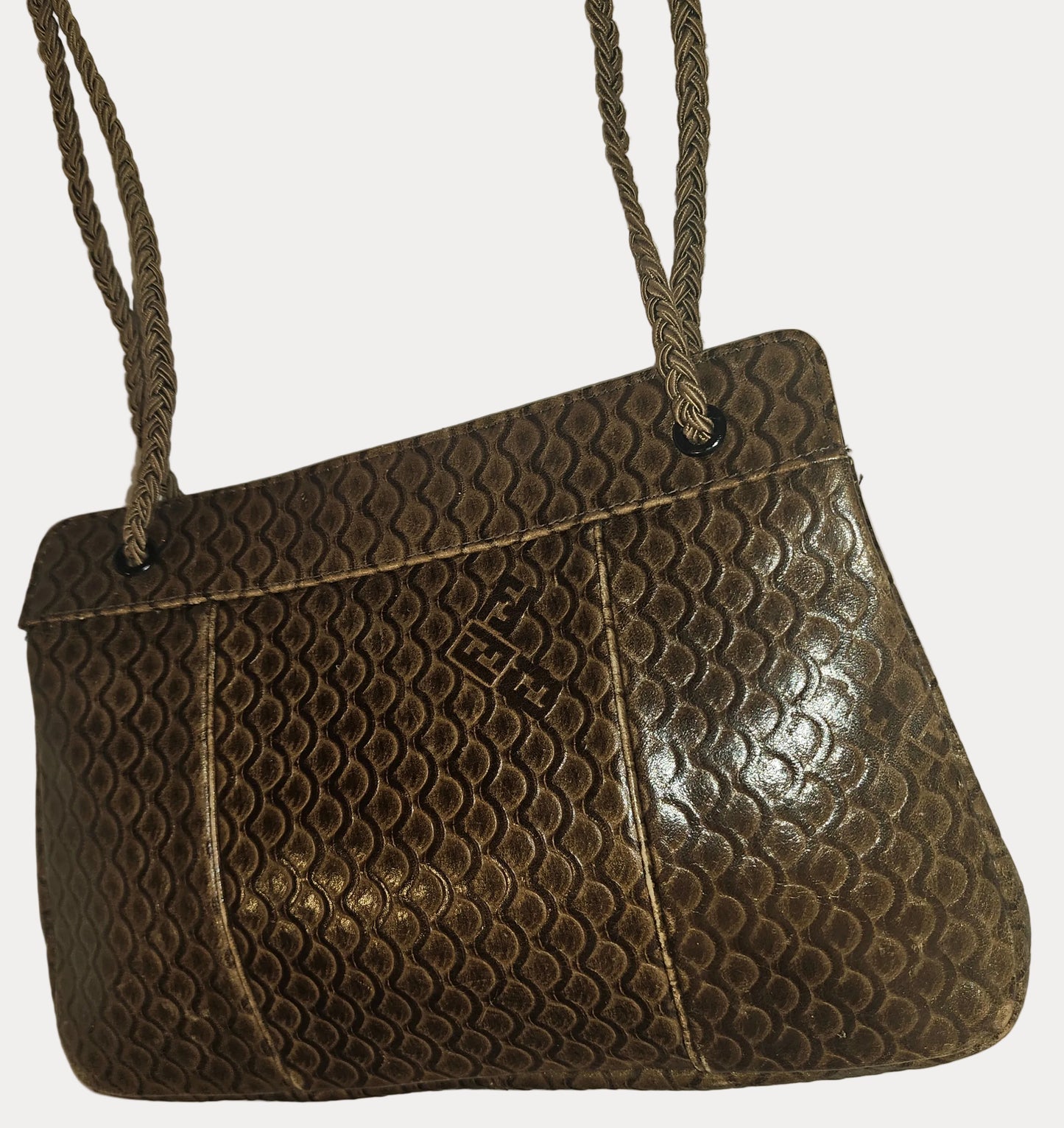 Fendi brown tooled leather pouch purse with adjustable strap