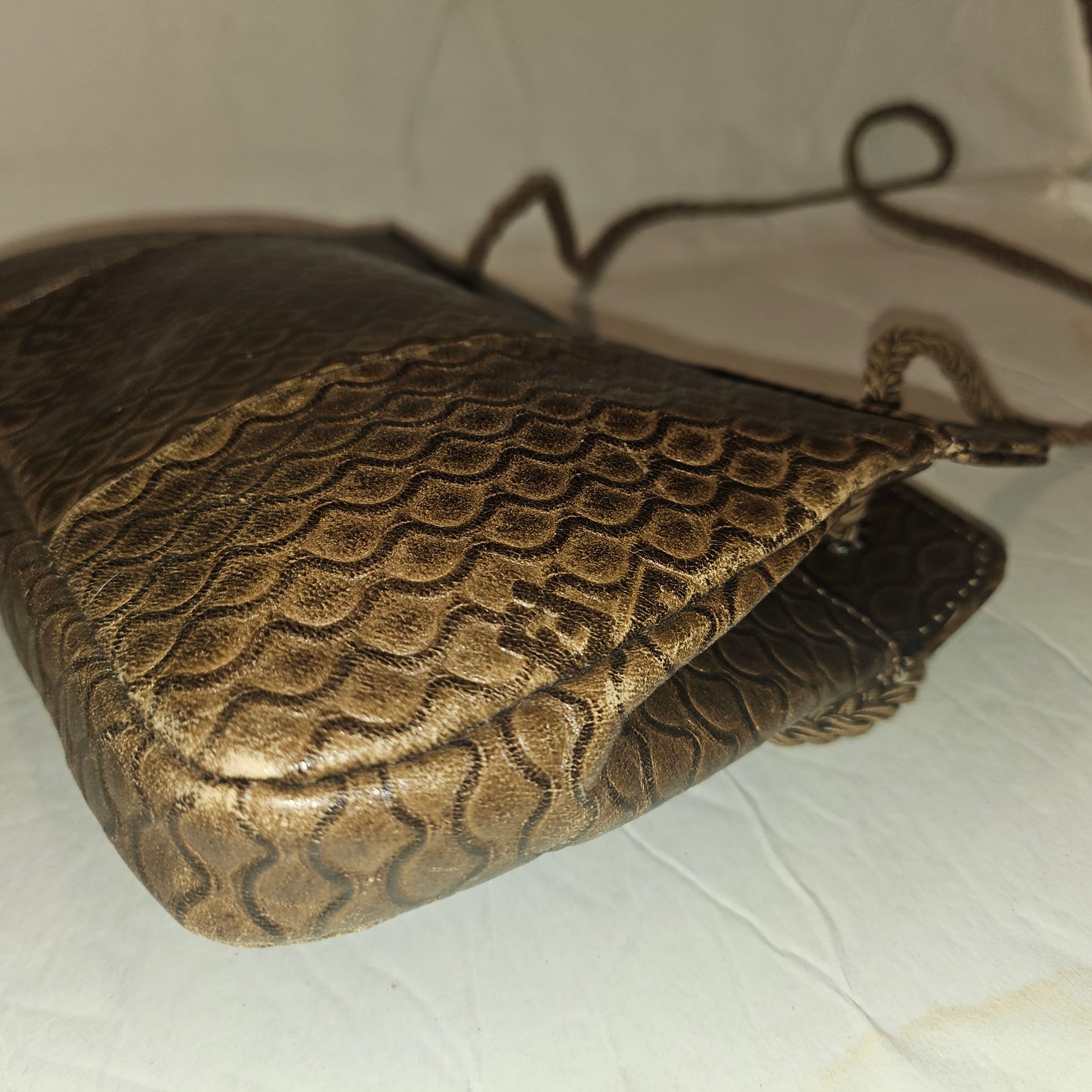Fendi brown tooled leather pouch purse with adjustable strap