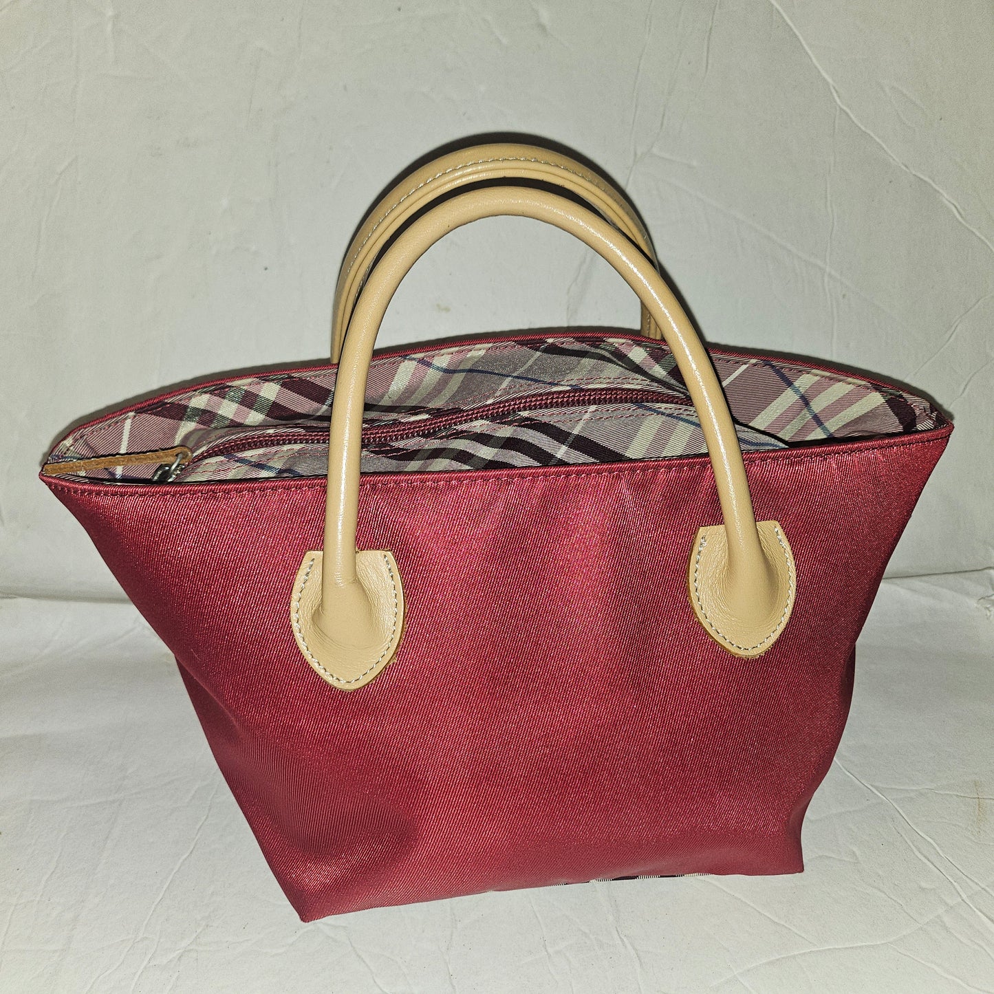 Burberry burgundy & Nova Check fabric zip top tote with tan leather handles