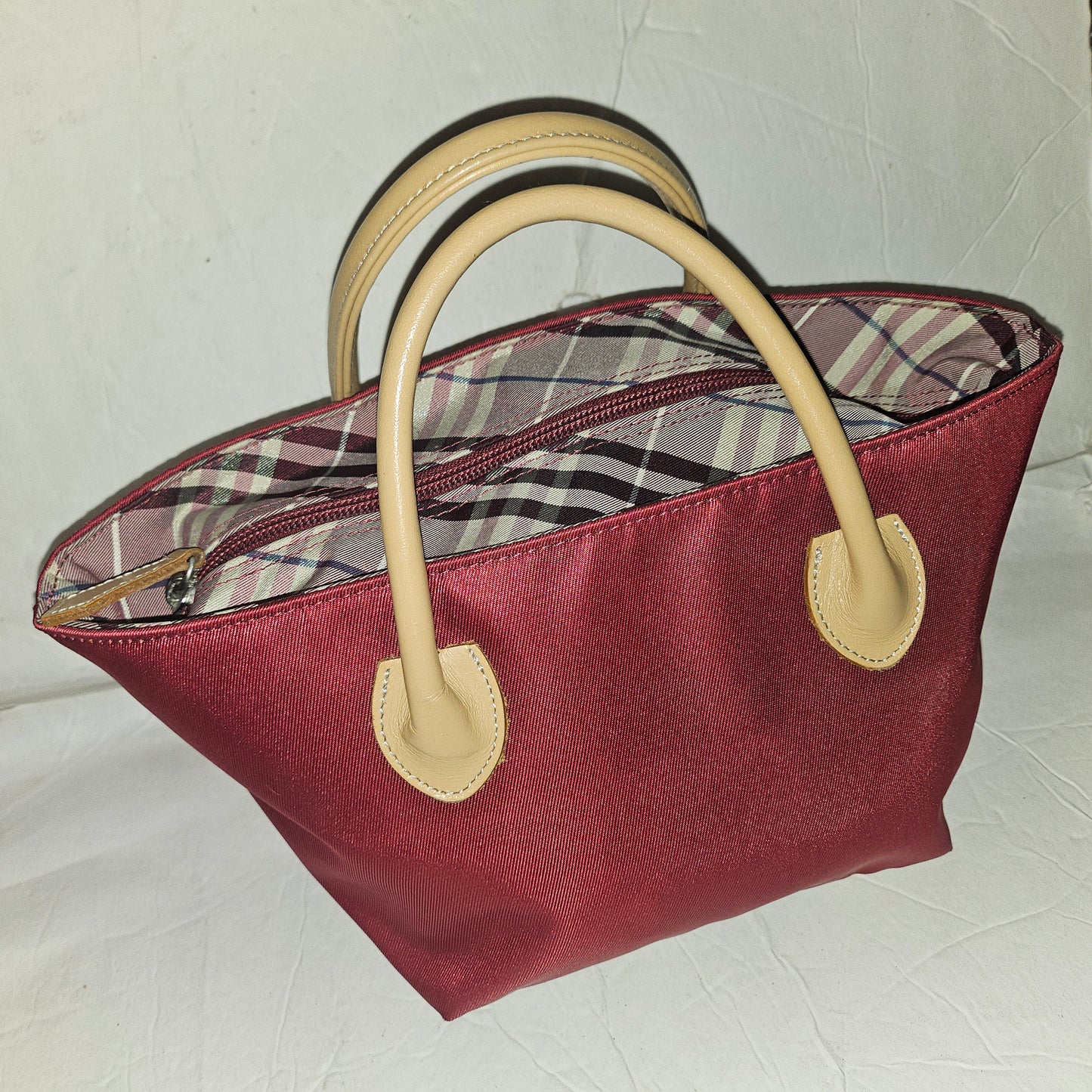 Burberry burgundy & Nova Check fabric zip top tote with tan leather handles