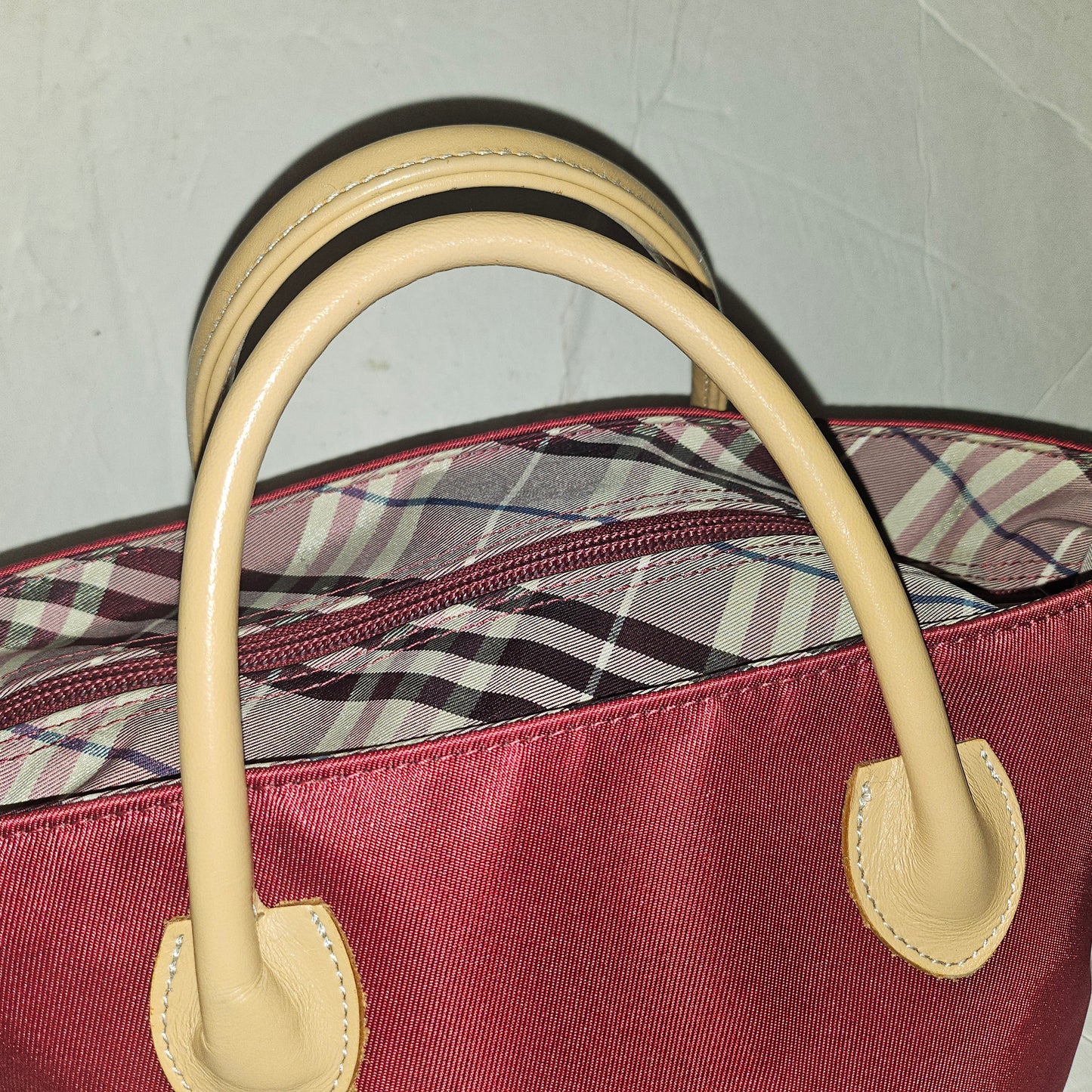Burberry burgundy & Nova Check fabric zip top tote with tan leather handles