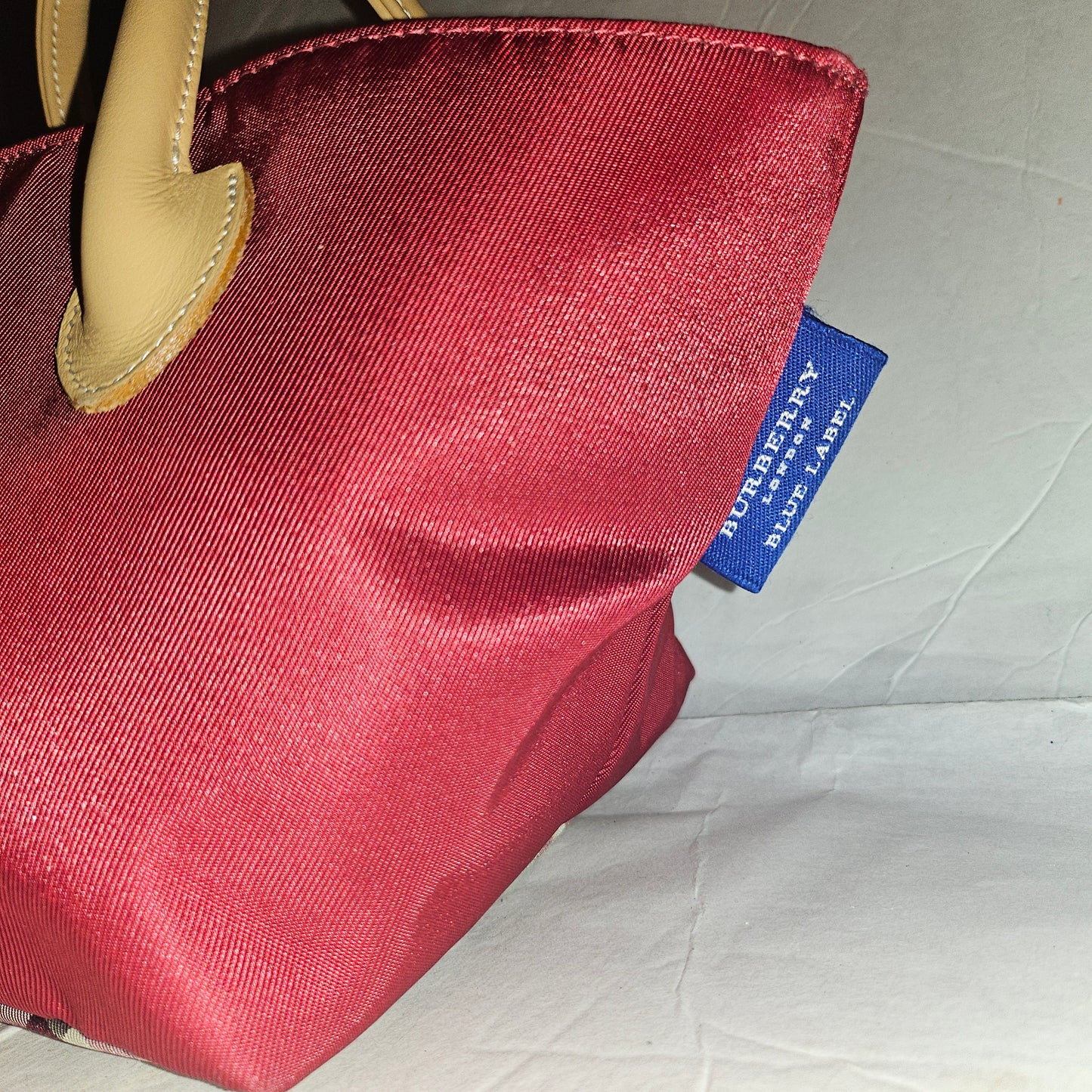 Burberry burgundy & Nova Check fabric zip top tote with tan leather handles