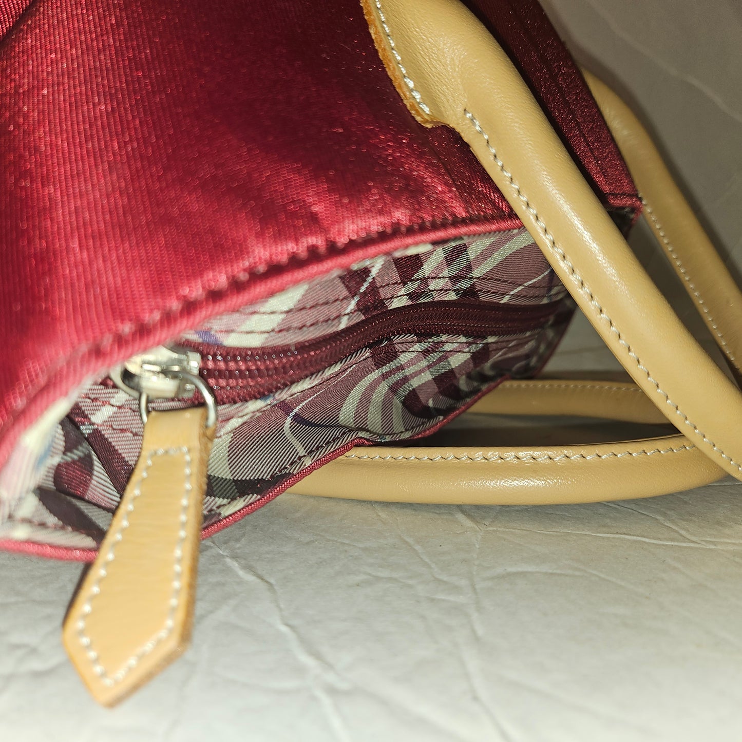 Burberry burgundy & Nova Check fabric zip top tote with tan leather handles