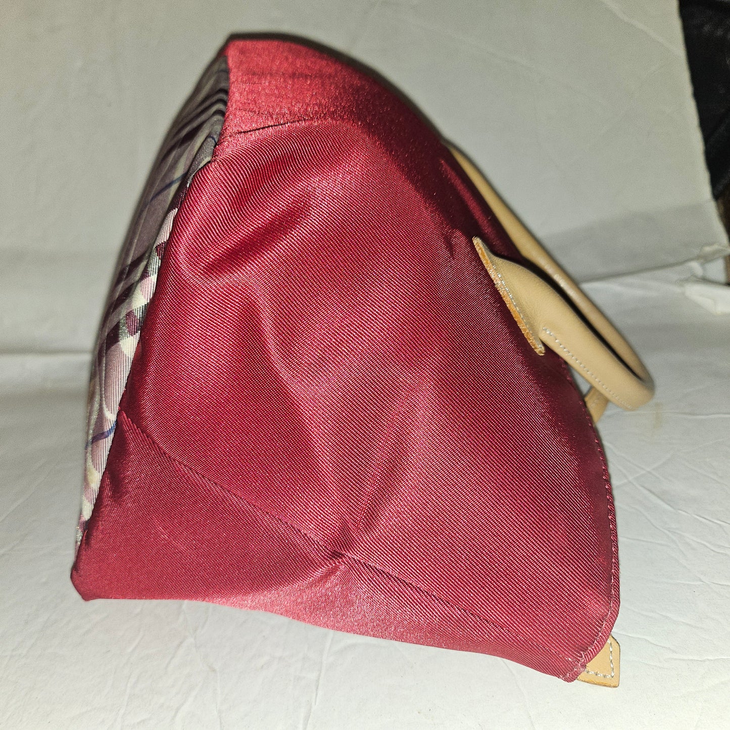 Burberry burgundy & Nova Check fabric zip top tote with tan leather handles