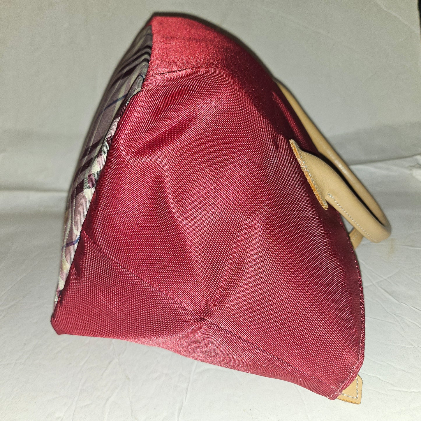 Burberry burgundy & Nova Check fabric zip top tote with tan leather handles