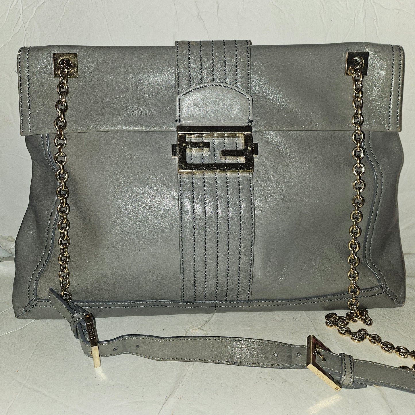 Fendi grey leather baguette bag with a chain strap