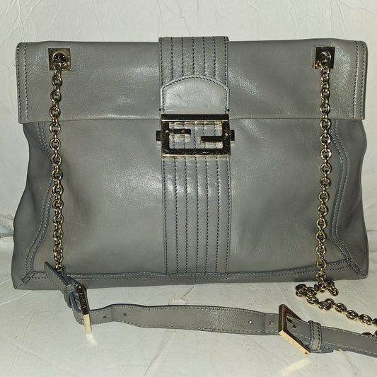 Fendi grey leather baguette bag with a chain strap