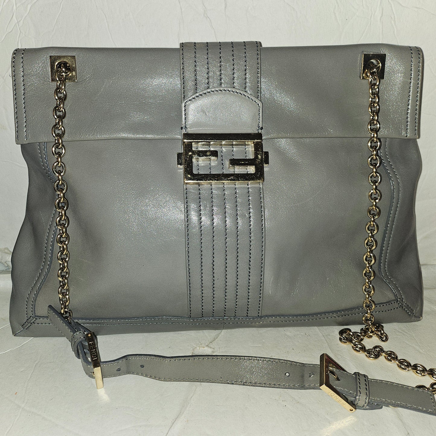 Fendi grey leather baguette bag with a chain strap