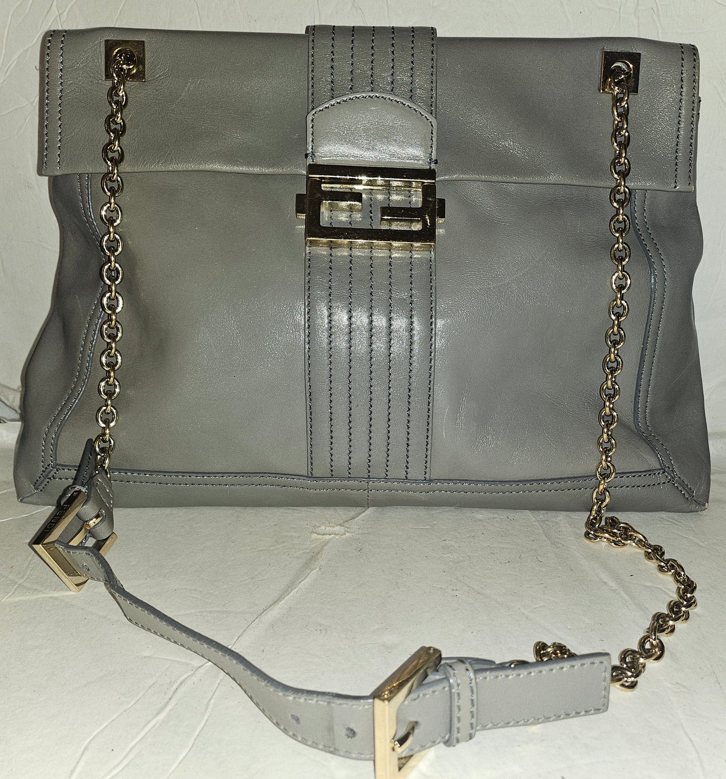 Fendi grey leather baguette bag with a chain strap
