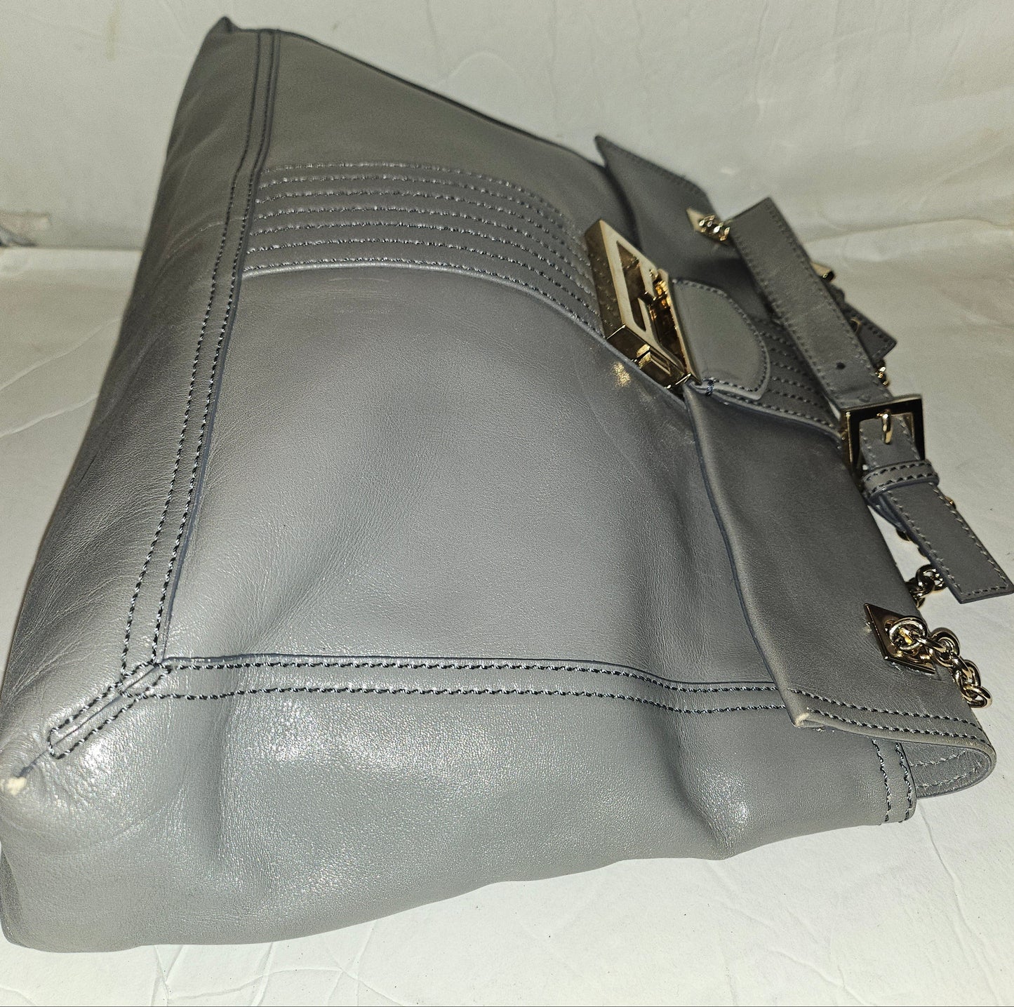 Fendi grey leather baguette bag with a chain strap