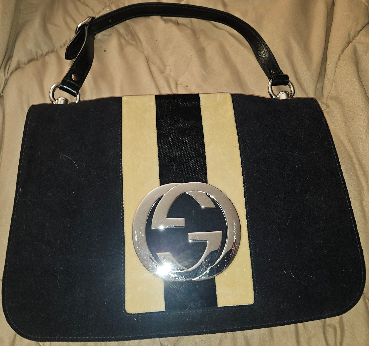 Gucci black velvet over leather Blondie saddle bag with tan stripes