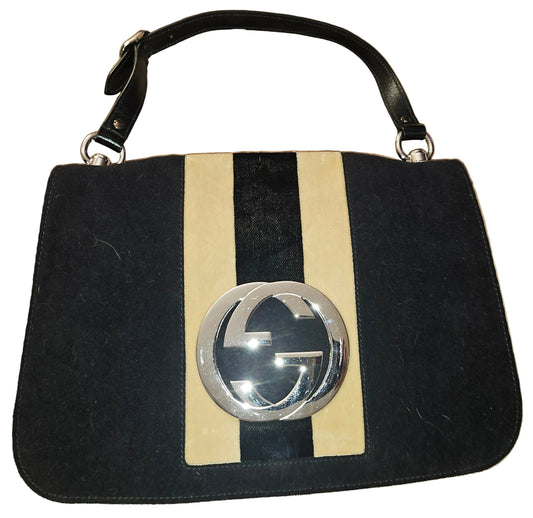Gucci black velvet over leather Blondie saddle bag with tan stripes