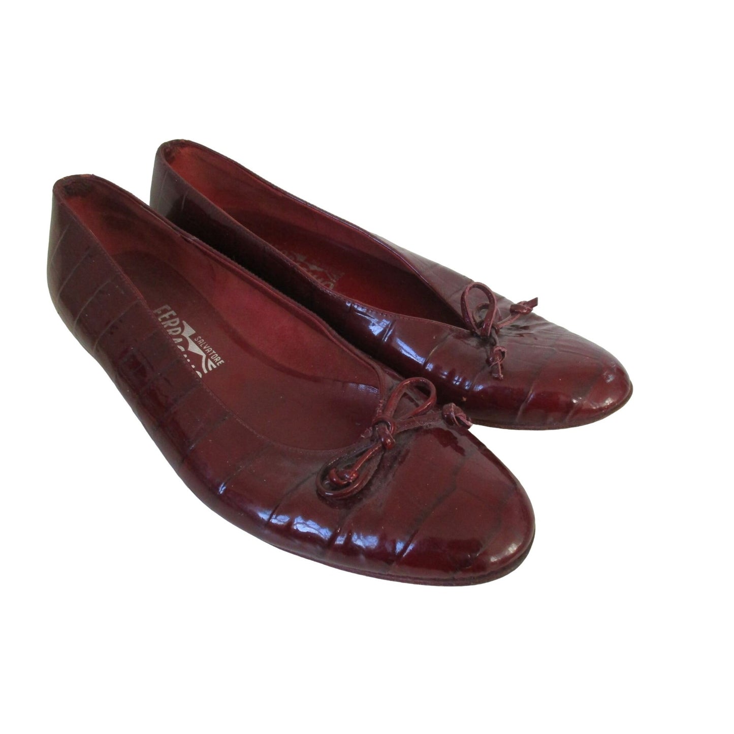 Ferragamo burgundy crocodile embossed ballet flats