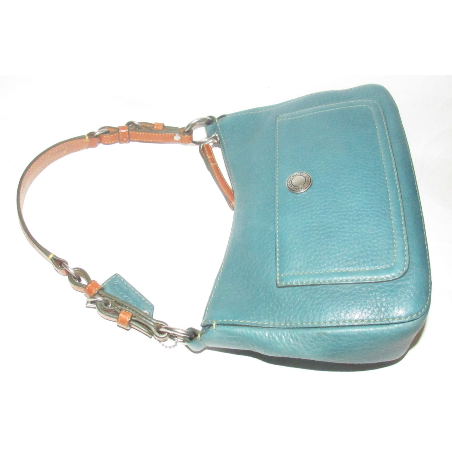 Coach, 'Chelsea' hobo, in a teal soft leather, hobo style purse with a brown, strap with unique chrome buckles