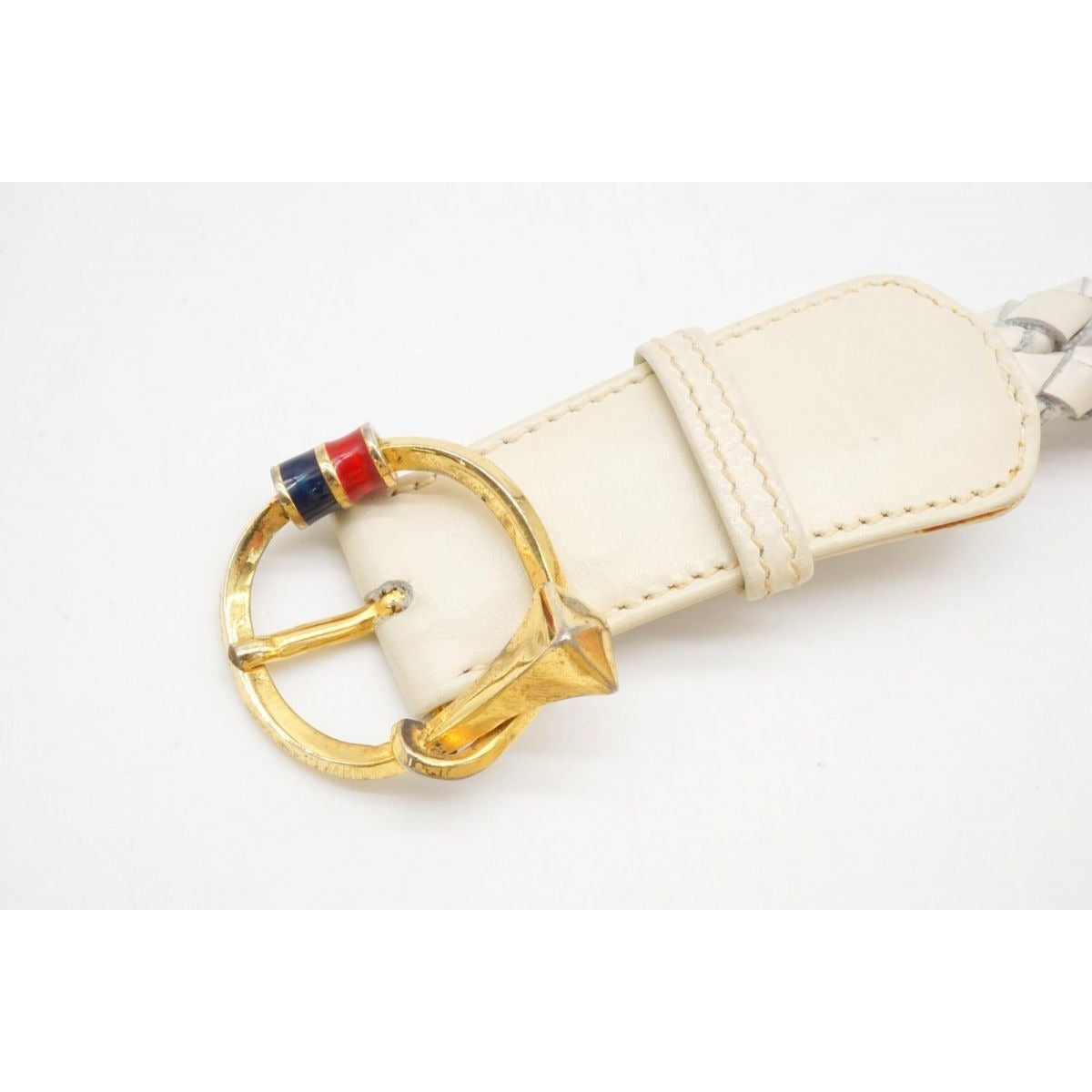 vintage, Gucci, size 80/32, white leather belt with a round, gold buckle with red and blue enamel & two braided leather strands