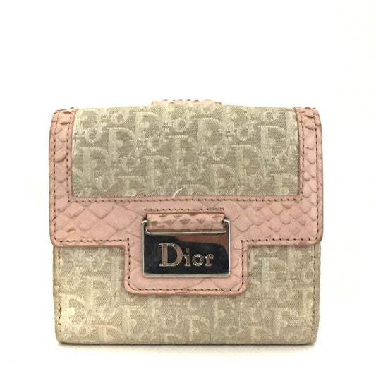 RARE, Christian Dior, pink lizard & tan canvas wallet w a white Diorissimo trotter print, a chrome 'Dior' plaque, & lots of slots for cards