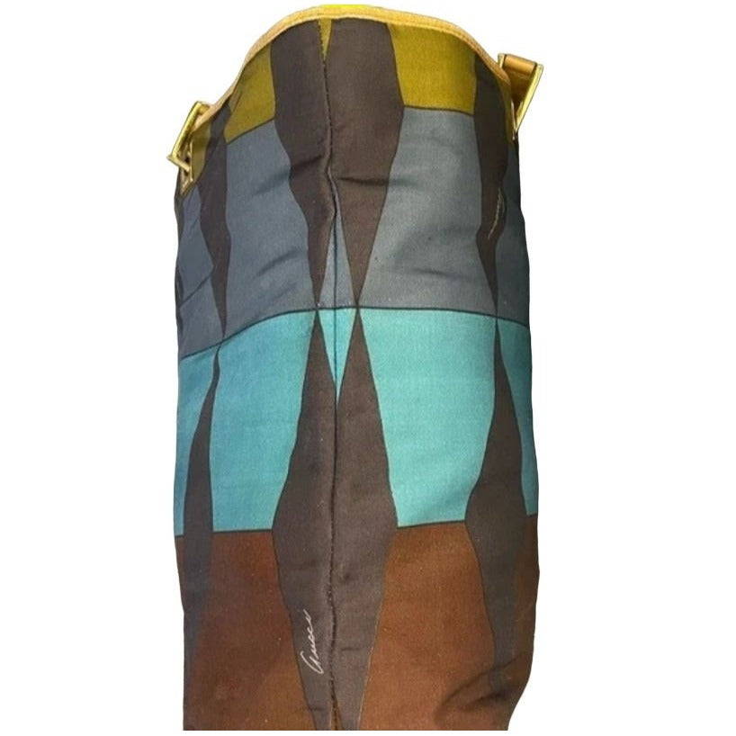 Gucci multi-color tribal print silk & leather large tote