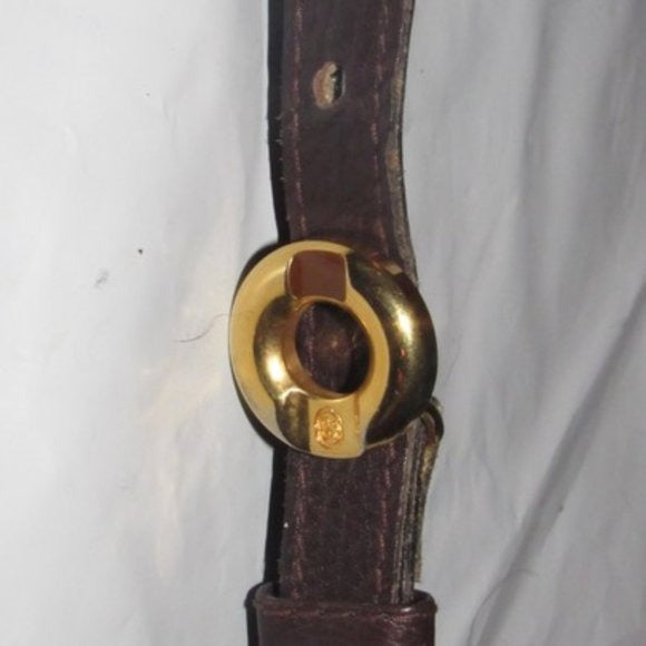 Early, vintage, Gucci, brown whip-stitched, leather belt with a round, gold & enamel buckle