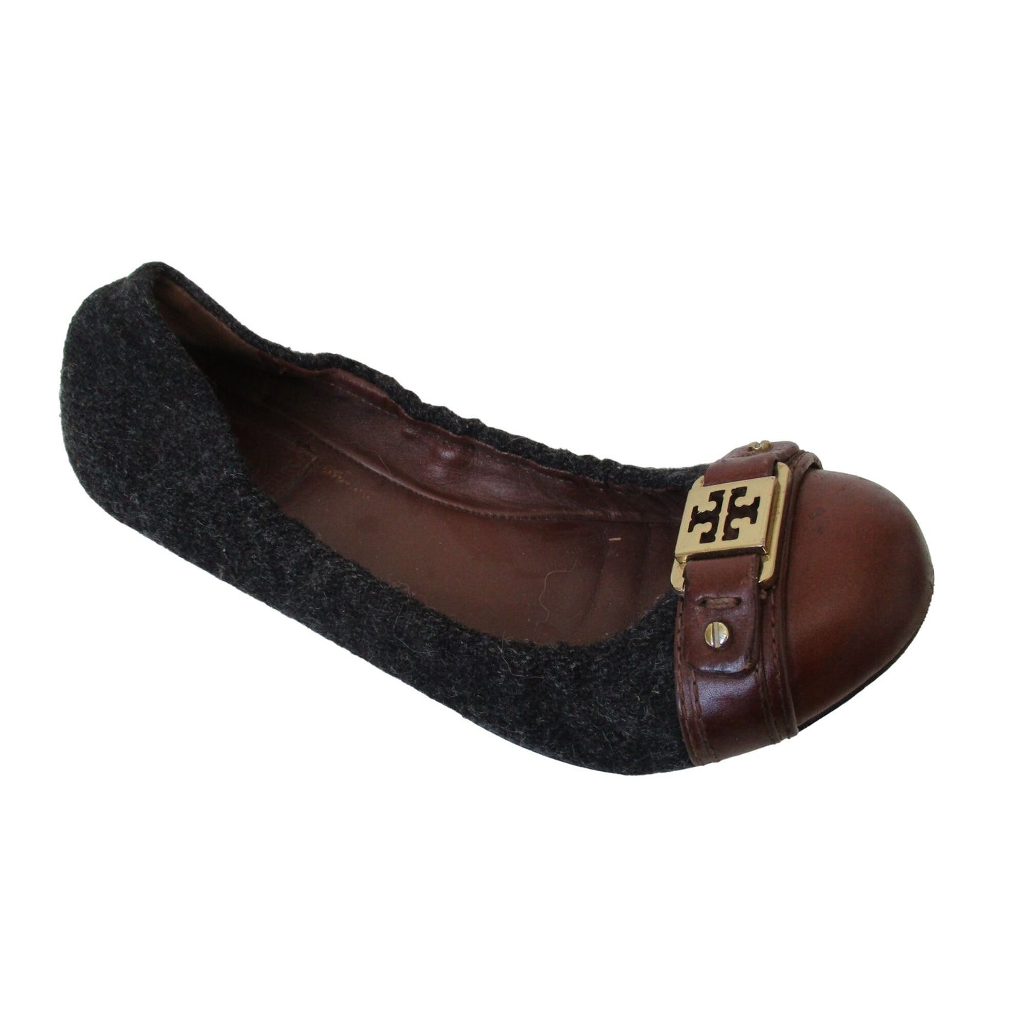 Tory Burch color block brown leather & grey wool size 8 rounded toe flats