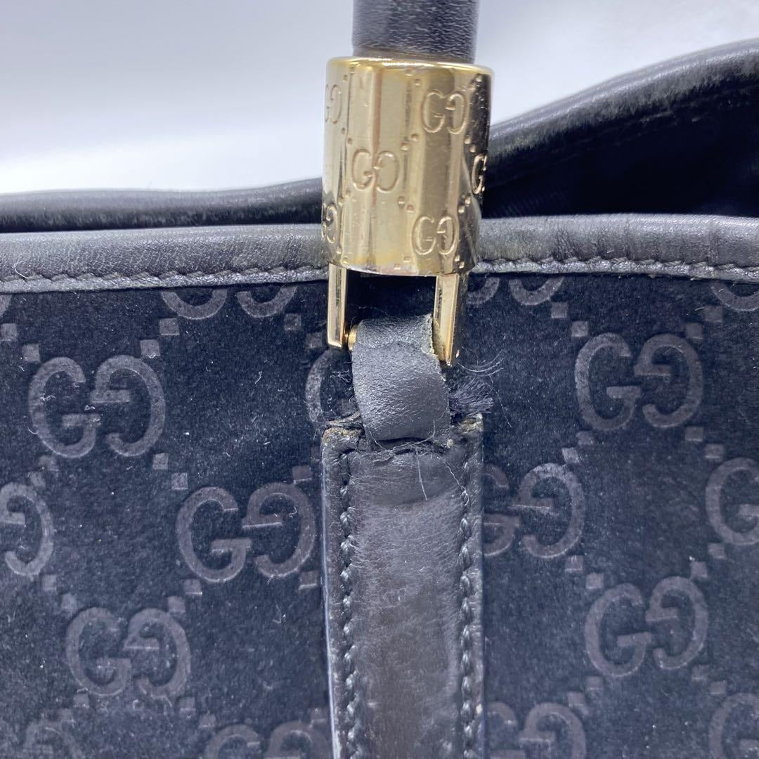 Gucci metallic G on black suede satchel w red & blue stripe